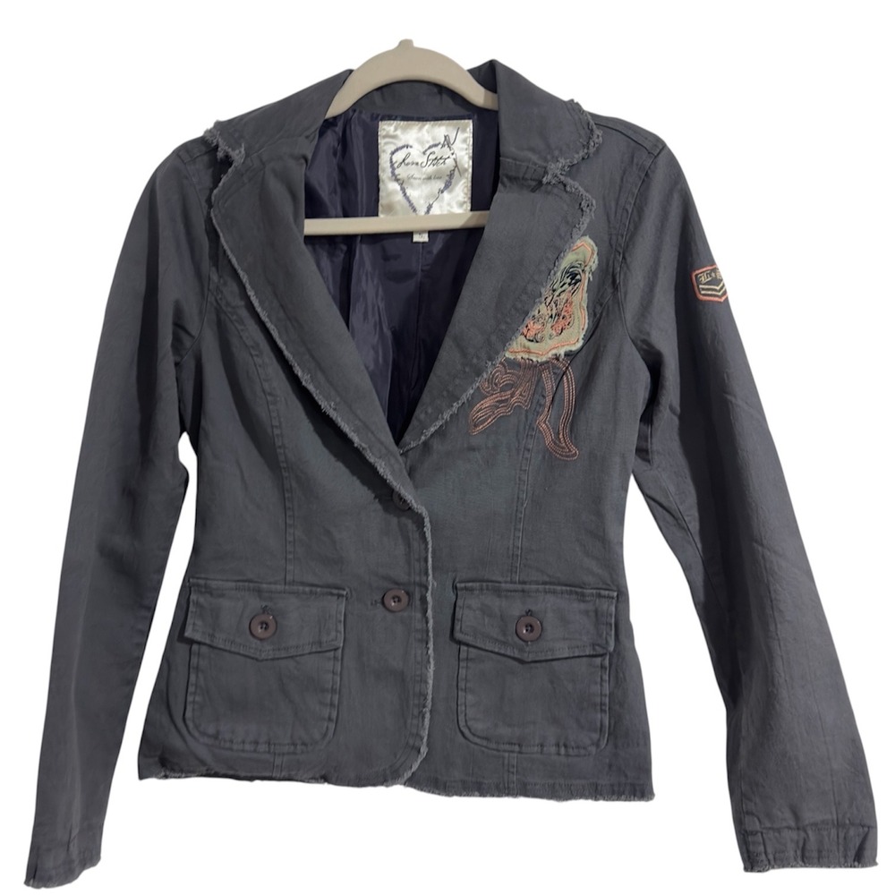 Love Stitch Womens Gray Distressed Embroidered Utility Blazer Jacket S INP-Z304